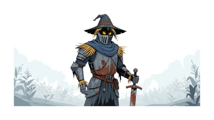 Mysterious Sentinel: A formidable medieval knight, adorned in dark armor, stands guard with a weathered sword, set against a bleak and haunting landscape.
