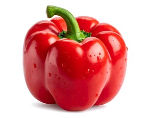 Single, vibrant red bell pepper, glistening with water droplets
