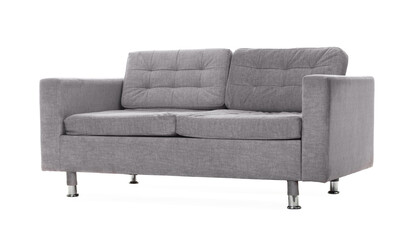 Comfortable gray sofa isolated on white. Used stuff