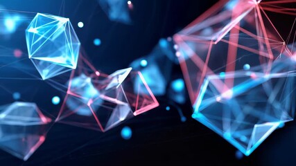 Futuristic 3D polygonal mesh structure glowing with neon blue and pink lights, representing digital networks and abstract connections - Powered by Adobe