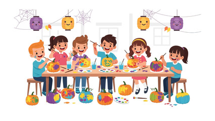 Creative Pumpkin Carving: A vibrant tableau of children joyfully creating unique pumpkin decorations, a perfect scene depicting friendship, and fun.
