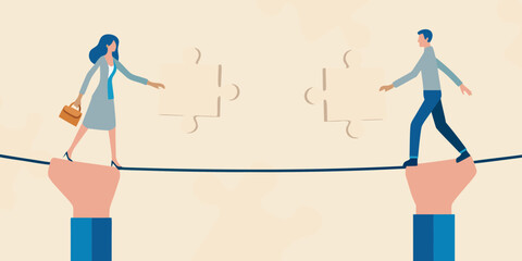 Business people balancing on a tightrope with puzzle pieces representing collaboration and teamwork