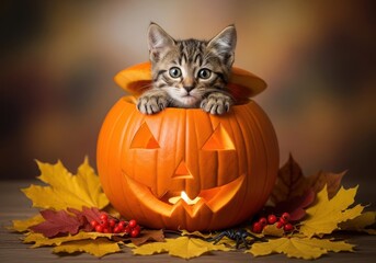 Cute Kitten Peeking Out Of A Carved Halloween Jack O Lantern adorable animal