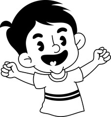 Excited cartoon boy with open arms in black and white illustration style