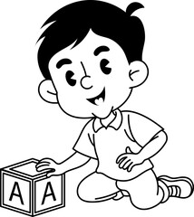 Illustrative depiction of a child interacting with alphabet block in monochrome style