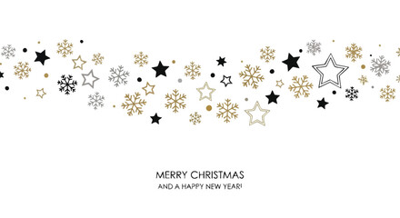 Festive Christmas and New Year's design with stars and snowflakes on white.