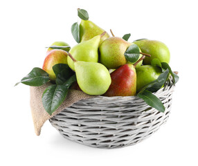 Fresh ripe pears with green leaves in wicker basket isolated on white