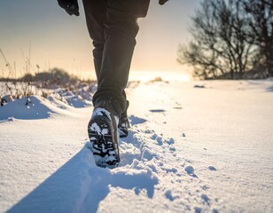 Person walking on snow at sunset