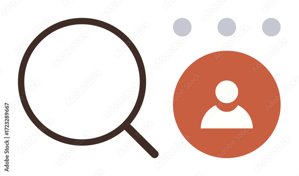 Poster oversized magnifying glass pointing to a highlighted user avatar on circular background and three do