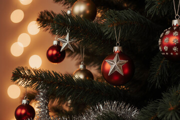 Fototapeta premium Festive Christmas tree adorned with shiny ornaments and bokeh lights, celebrating the holiday season with joy and warmth
