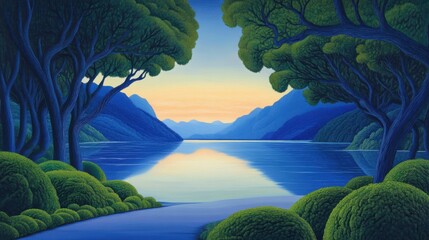 A serene and colorful landscape painting showcases vibrant greens and blues, reflecting tranquility and the beauty of nature, providing a visual escape into a peaceful environment.