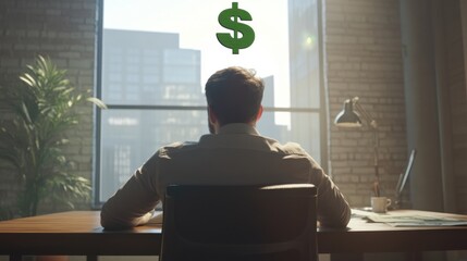 A contemplative businessman sits at his desk, with a green dollar symbol prominently displayed overhead, symbolizing wealth and financial aspirations.