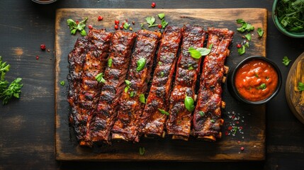 Savor the sight of perfectly grilled ribs coated in rich barbecue sauce, garnished with fresh herbs, making it a feast for the eyes and palate.