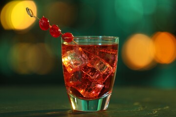 Glass of alcoholic cocktail with cherries on table against blurred background