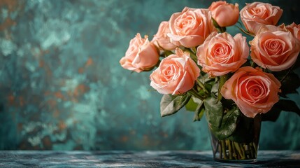 A beautiful arrangement of peach roses sits on a wooden table, showcasing their delicate petals against a textured turquoise background, emphasizing elegance and joy.
