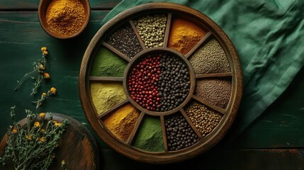A wooden tray displays a colorful assortment of spices arranged meticulously, showcasing their vibrant colors and varieties, symbolizing creativity and culinary art.