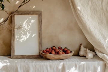 A picturesque arrangement of fresh strawberries in a wooden bowl sitting next to a stylized empty frame on a rustic table, evoking simplicity and natural charm.