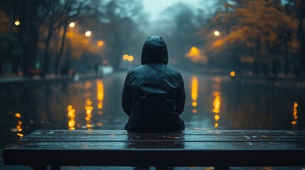 A person in a hoodie sits on a wet bench during a rainy evening, staring thoughtfully across the park, stirring feelings of reflection and introspection amidst soft lighting.