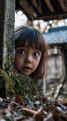 A young child with wide eyes peeks from behind a mossy stone pillar, encapsulating curiosity and wonder in a tranquil, natural setting surrounded by greenery and soft light.