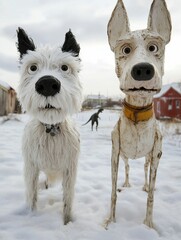Two playful dog statues stand against a snowy backdrop, bringing color and whimsy to winter scenes with their exaggerated features and charming expressions.