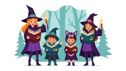 Magical Halloween Gathering: A group of children dressed in enchanting costumes, spell books and wands, brings Halloween spirit.