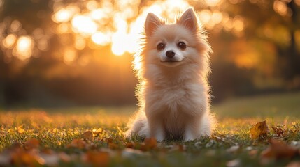 A charming Pomeranian dog sits gracefully in golden light during autumn, capturing the essence of warmth and joy in a serene outdoor environment.