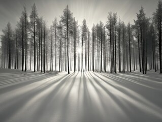 A mesmerizing black and white scene depicts tall trees in a misty forest, with long shadows stretching through the snow, creating an enchanting atmosphere.