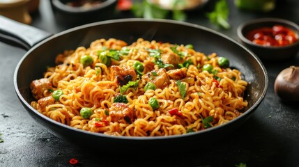 A vibrant dish of stir-fried noodles featuring fresh vegetables and proteins, beautifully arranged to showcase culinary art and the appeal of homemade comfort food.