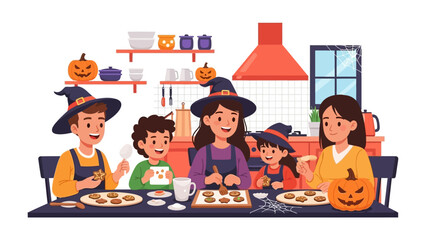 Halloween Family Baking: A cozy Halloween scene with a family, each adorned in witch hats, enthusiastically baking delicious cookies in a warm, inviting kitchen, bringing spooky spirit to life.