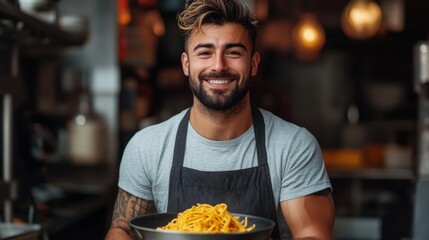 A smiling chef presenting a bowl of gourmet pasta, showcasing confidence and pride in his culinary skills and the importance of presentation in the culinary world.