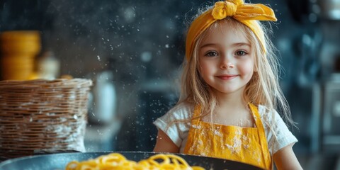 A joyful child wearing a yellow headband and apron plays with flour while preparing pasta in a warm kitchen, showcasing the joy of cooking and creativity in children.