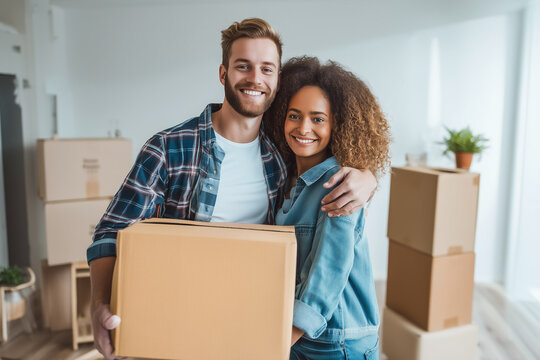 Happy couple moving into a new home together, carrying boxes and smiling. Excited about their future and new beginnings. Moving day bliss. - Powered by Adobe