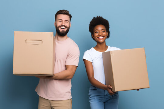 Couple moving with boxes: A smiling man and woman carry cardboard boxes against a blue backdrop, symbolizing new beginnings.