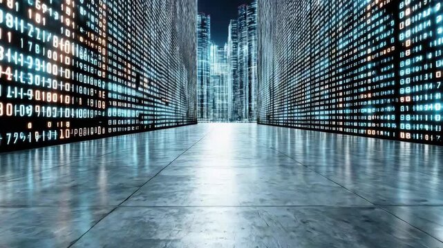 Futuristic digital cityscape featuring glowing binary code, illuminated pathways, and mesmerizing