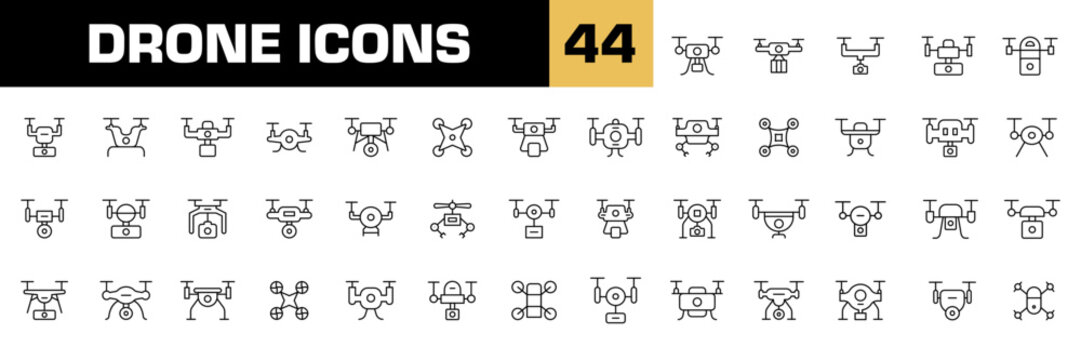Drone icon set. Isolated drone vector set. Flying drone line icon set.
