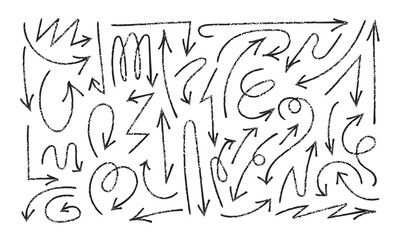 Fototapeta premium Collection of sketchy black arrows with grunge texture in various directions, isolated on white background.