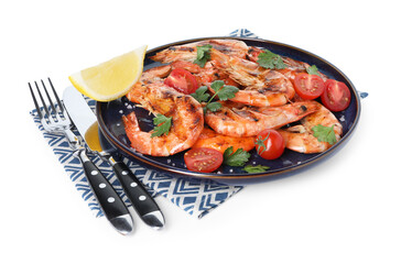 Tasty grilled shrimps with cherry tomatoes, parsley, lemon, salt and cutlery isolated on white. Delicious seafood dish
