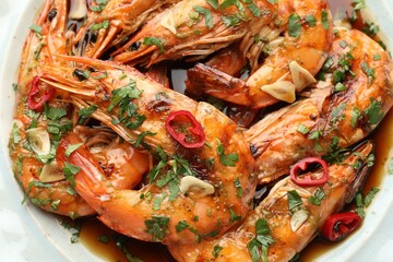 Tasty grilled shrimps with spices and sauce on plate, top view. Delicious seafood dish