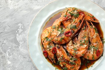 Delicious seafood dish. Tasty grilled shrimps with spices and sauce on grey table, top view. Space for text