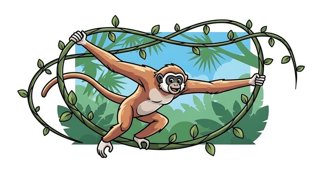 Monkey swings on vines.