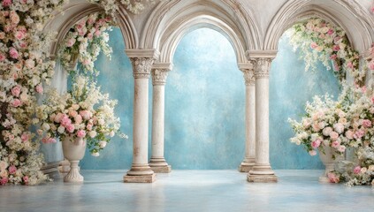 Elegant, floral colonnaded hall.  Pastel arches, columns, and walls adorned with cascading pink and white blossoms