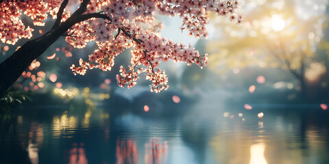 Cherry Blossom Branches Over Water with Soft Sunset Light
