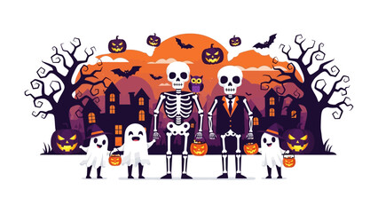 Spooky Halloween Cartoon: A whimsical Halloween cartoon scene features skeleton figures standing in front of a haunted house, surrounded by spooky elements like pumpkins, bats, and ghosts.
