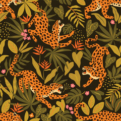 Obraz na płótnie Canvas Vector seamless pattern with asian leopards, flowers, and tropical leaves. Trendy style