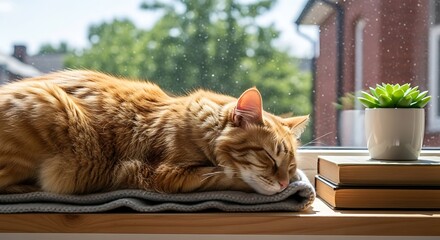 Peaceful ginger cat sleeping on a sunny wooden windowsill at home.