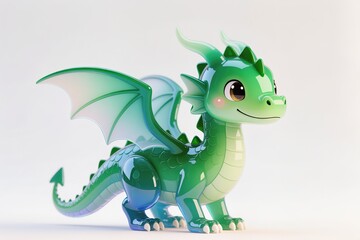 Fototapeta premium a Gradient kawaii cute green dragon with 3D glass effect, modern digital art, white base