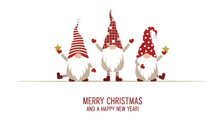 Three adorable Christmas gnomes with festive red and white hats holding golden stars, wishing Merry Christmas and a Happy New Year.