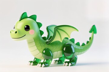Fototapeta premium a Gradient kawaii cute green dragon with 3D glass effect, modern digital art, white base