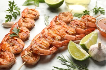 Skewers with tasty grilled shrimps, lime slices, herbs and garlic on white marble table, closeup. Delicious seafood dish