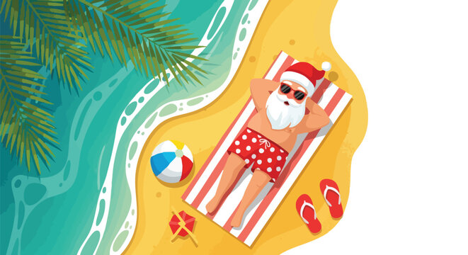 Santa Claus relaxes on a tropical beach during vacation in summer wearing sunglasses and a red hat enjoying the ocean breeze